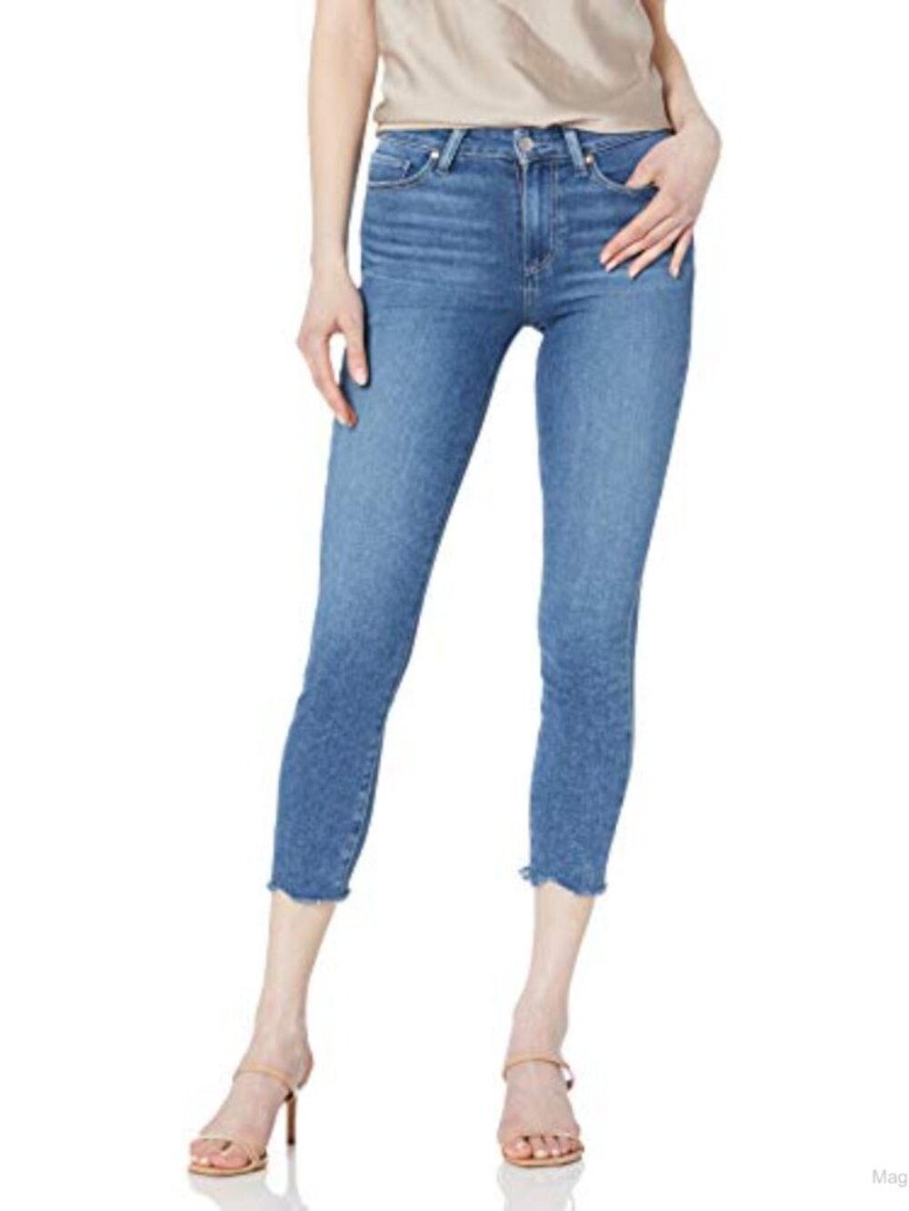 High Rise Tapered Jeans Raw Hem Cotton Stretch
